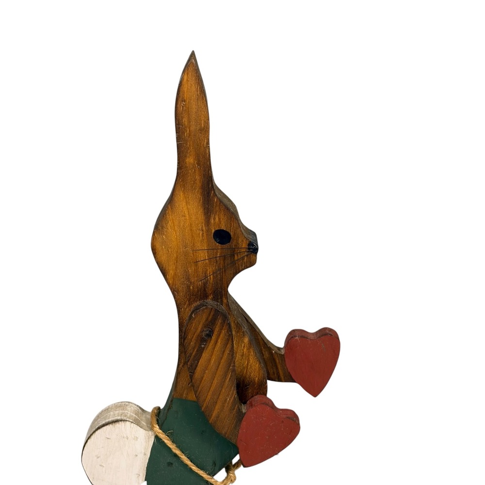 Vintage Folk Art Wooden Bunny Rabbit with Hearts Figurine 12.5" Primitive - Picture 2 of 13